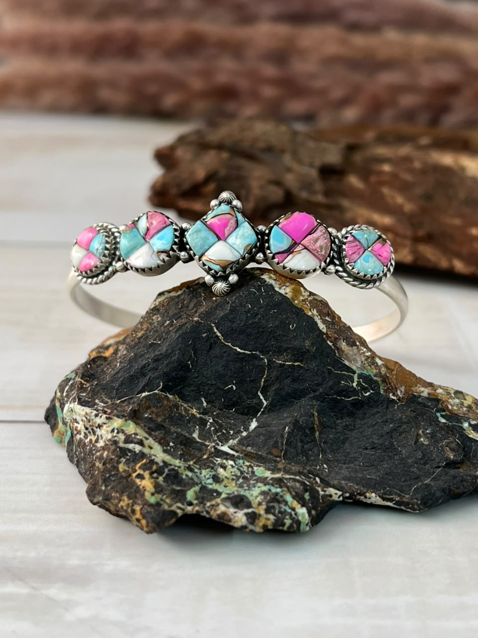 Handmade Sterling Silver Cotton Candy Cobble Stone Cuff Bracelet Signed Nizhoni