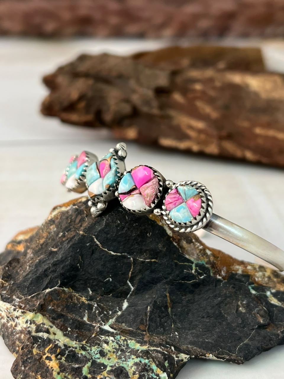 Handmade Sterling Silver Cotton Candy Cobble Stone Cuff Bracelet Signed Nizhoni
