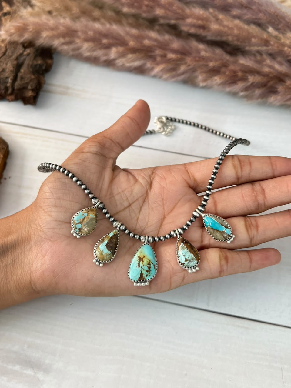 Handmade Sterling Silver Royston Turquoise Beaded Necklace Signed Nizhoni
