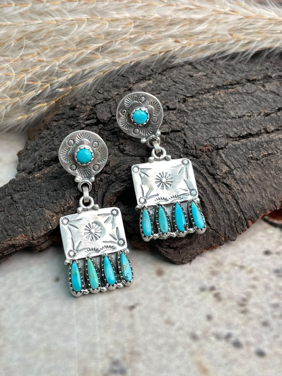 Handmade Sterling Silver Kingman Turquoise Post Dangle Earrings Signed Nizhoni