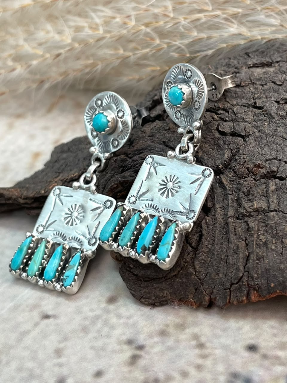 Handmade Sterling Silver Kingman Turquoise Post Dangle Earrings Signed Nizhoni