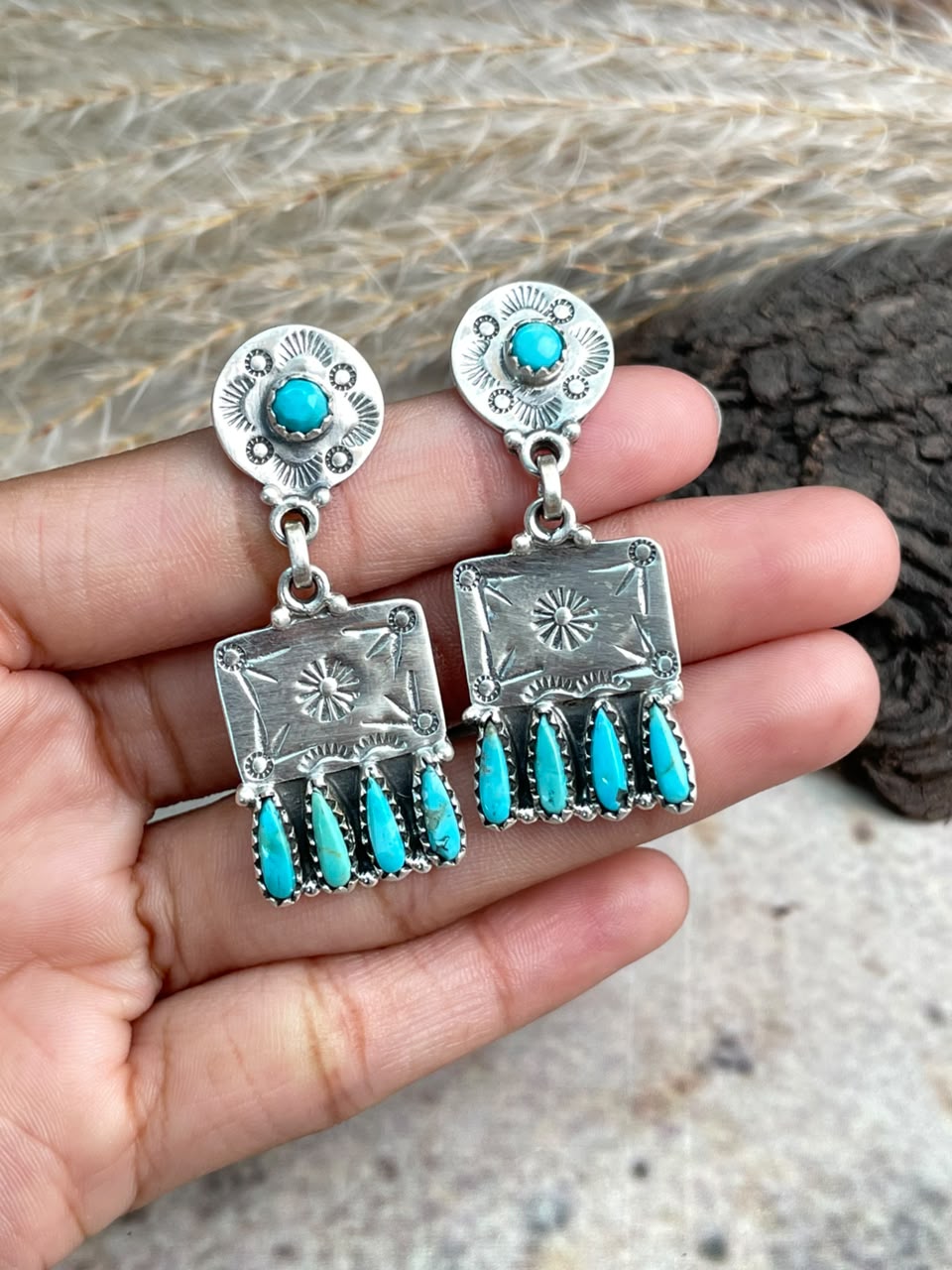 Handmade Sterling Silver Kingman Turquoise Post Dangle Earrings Signed Nizhoni