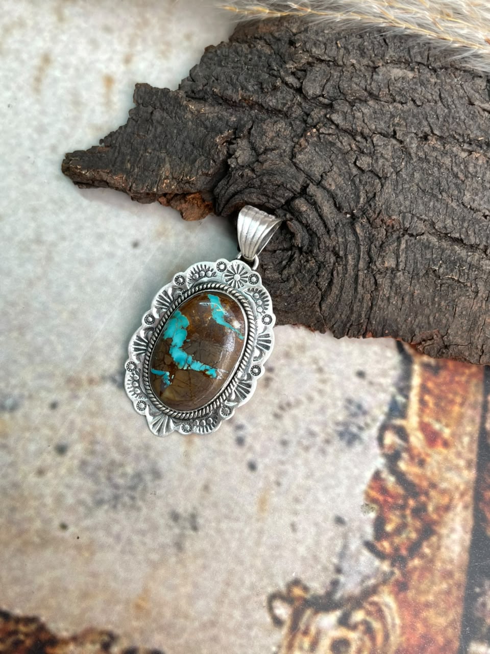 Handmade Sterling Silver Royston Ribbon Turquoise Collection: Pendant Signed Nizhoni