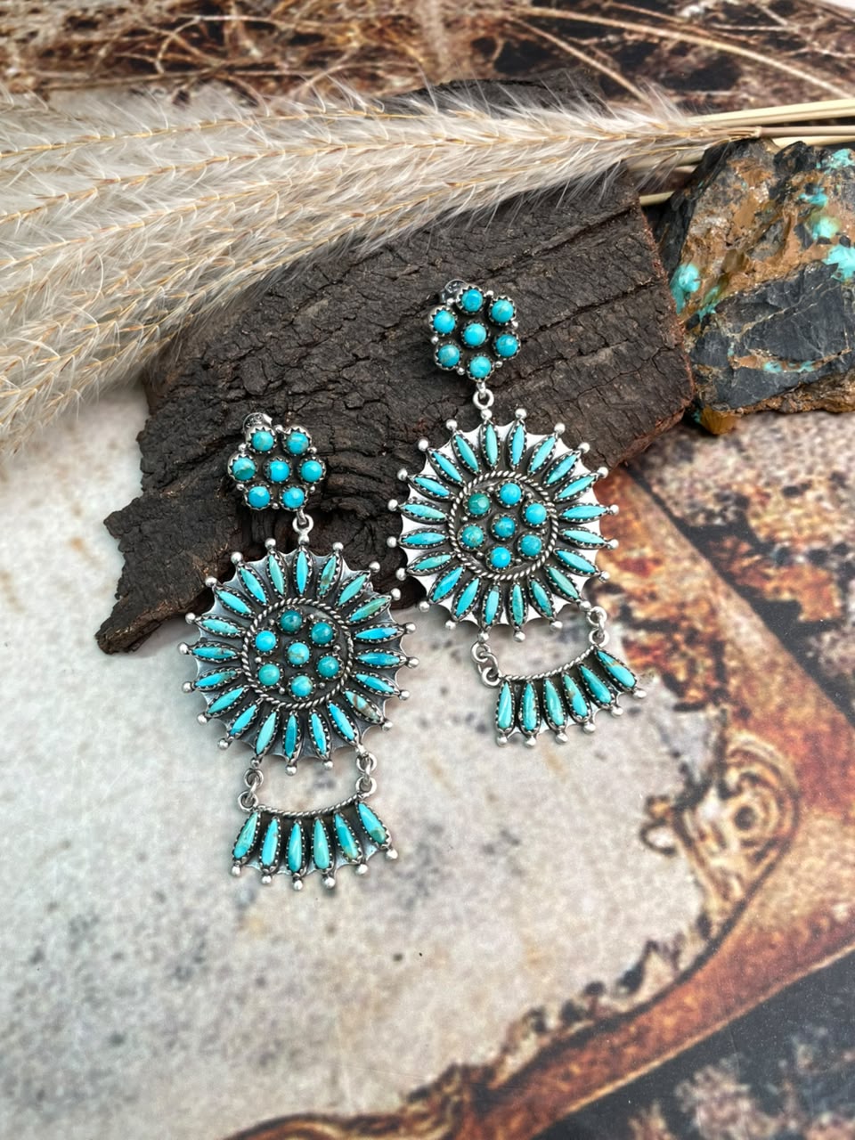 Handmade Sterling Silver Kingman Turquoise Post Dangle Earrings Signed Nizhoni