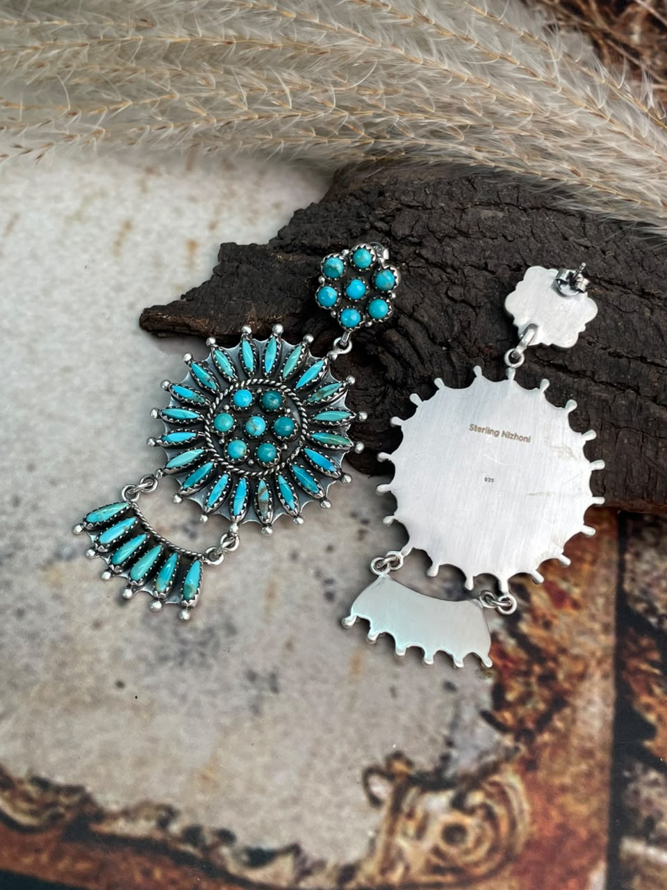 Handmade Sterling Silver Kingman Turquoise Post Dangle Earrings Signed Nizhoni