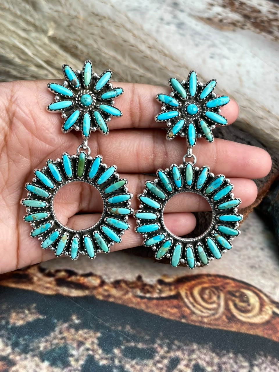 Handmade Sterling Silver Kingman Turquoise Post Dangle Earrings Signed Nizhoni