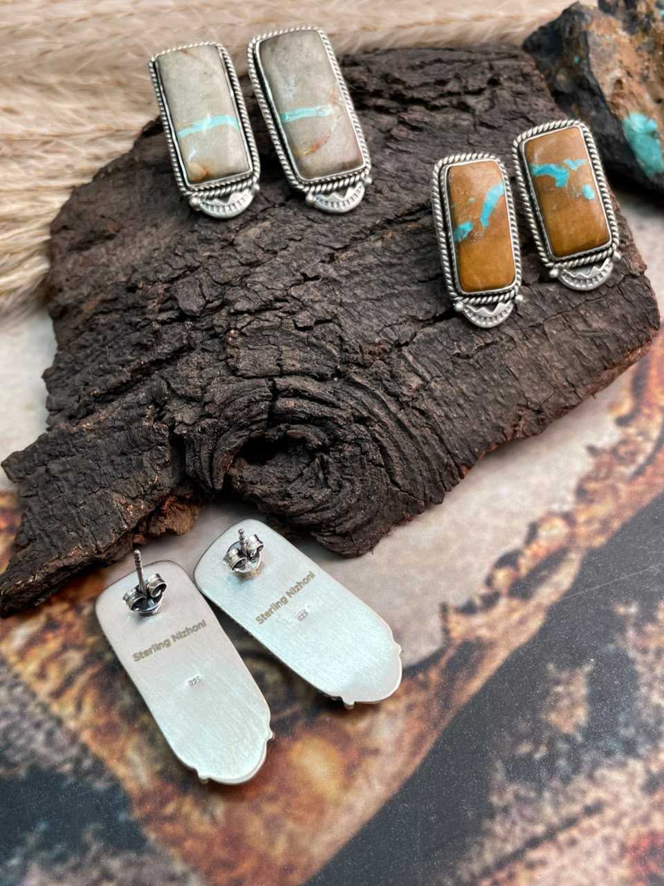Handmade Sterling Silver Royston Ribbon Turquoise Collection: Post Studs Earrings Signed Nizhoni