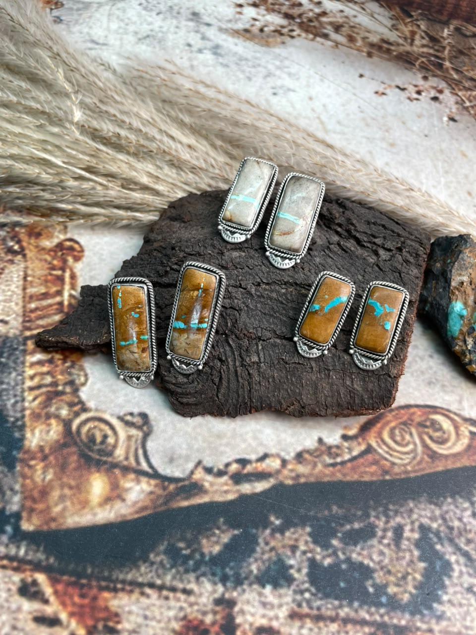 Handmade Sterling Silver Royston Ribbon Turquoise Collection: Post Studs Earrings Signed Nizhoni