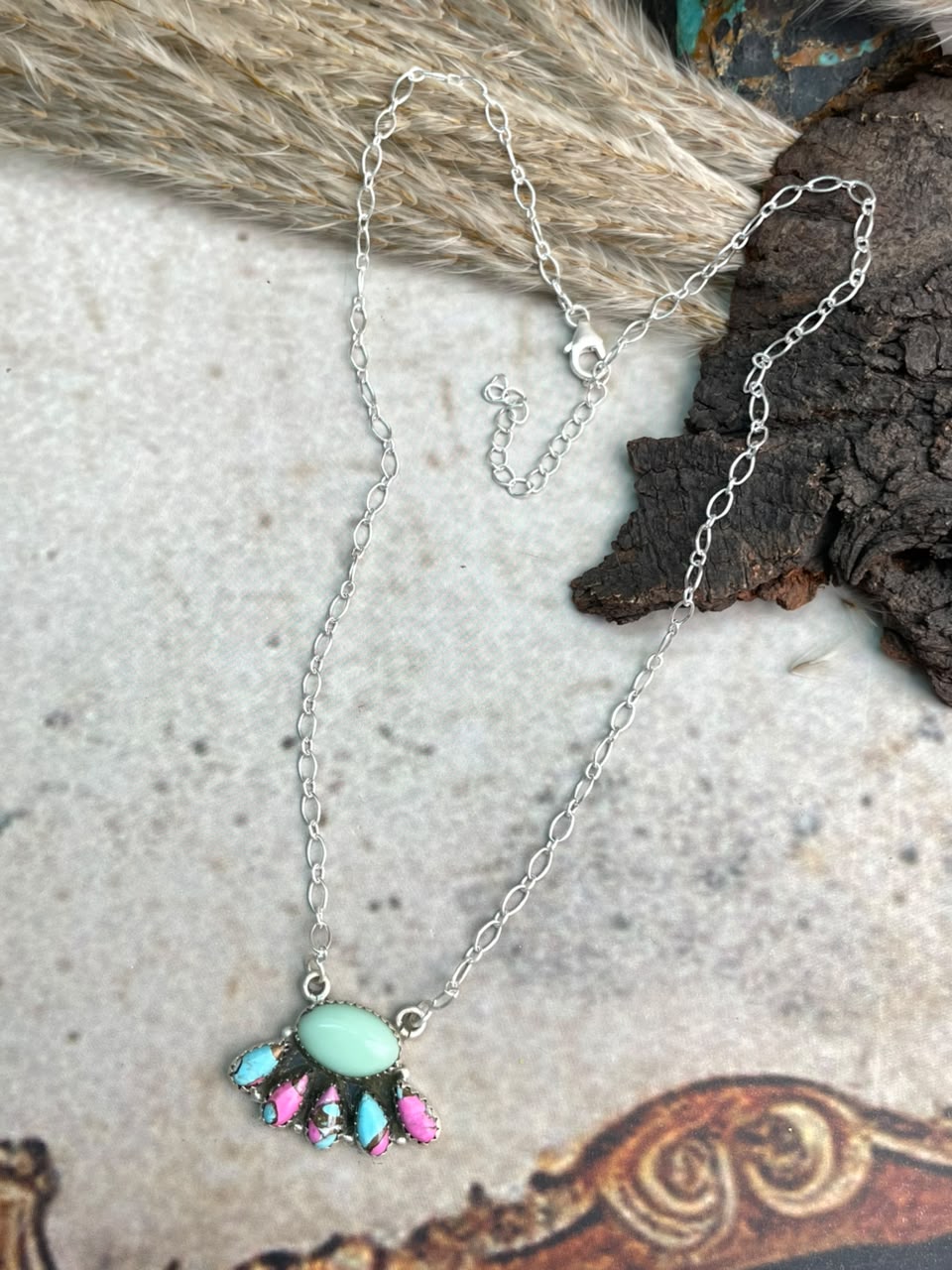 Handmade Sterling Silver Paloma Turquoise with Cotton Candy Necklace Signed Nizhoni