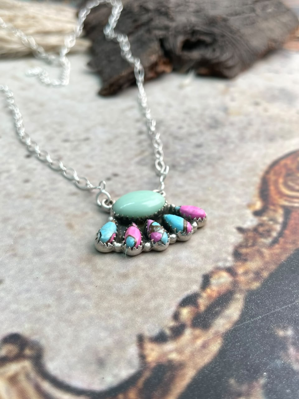 Handmade Sterling Silver Paloma Turquoise with Cotton Candy Necklace Signed Nizhoni