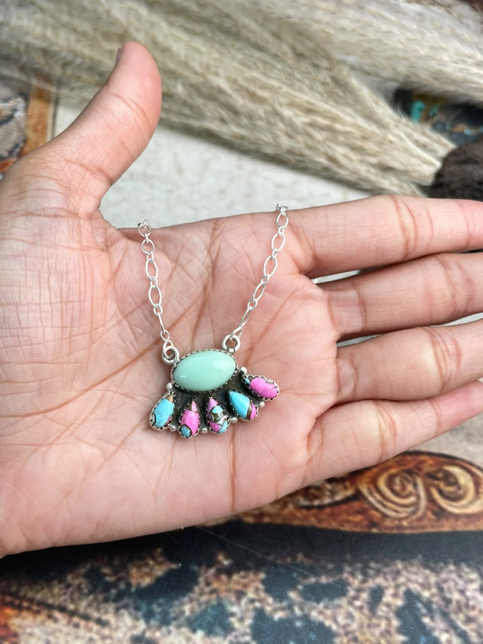 Handmade Sterling Silver Paloma Turquoise with Cotton Candy Necklace Signed Nizhoni