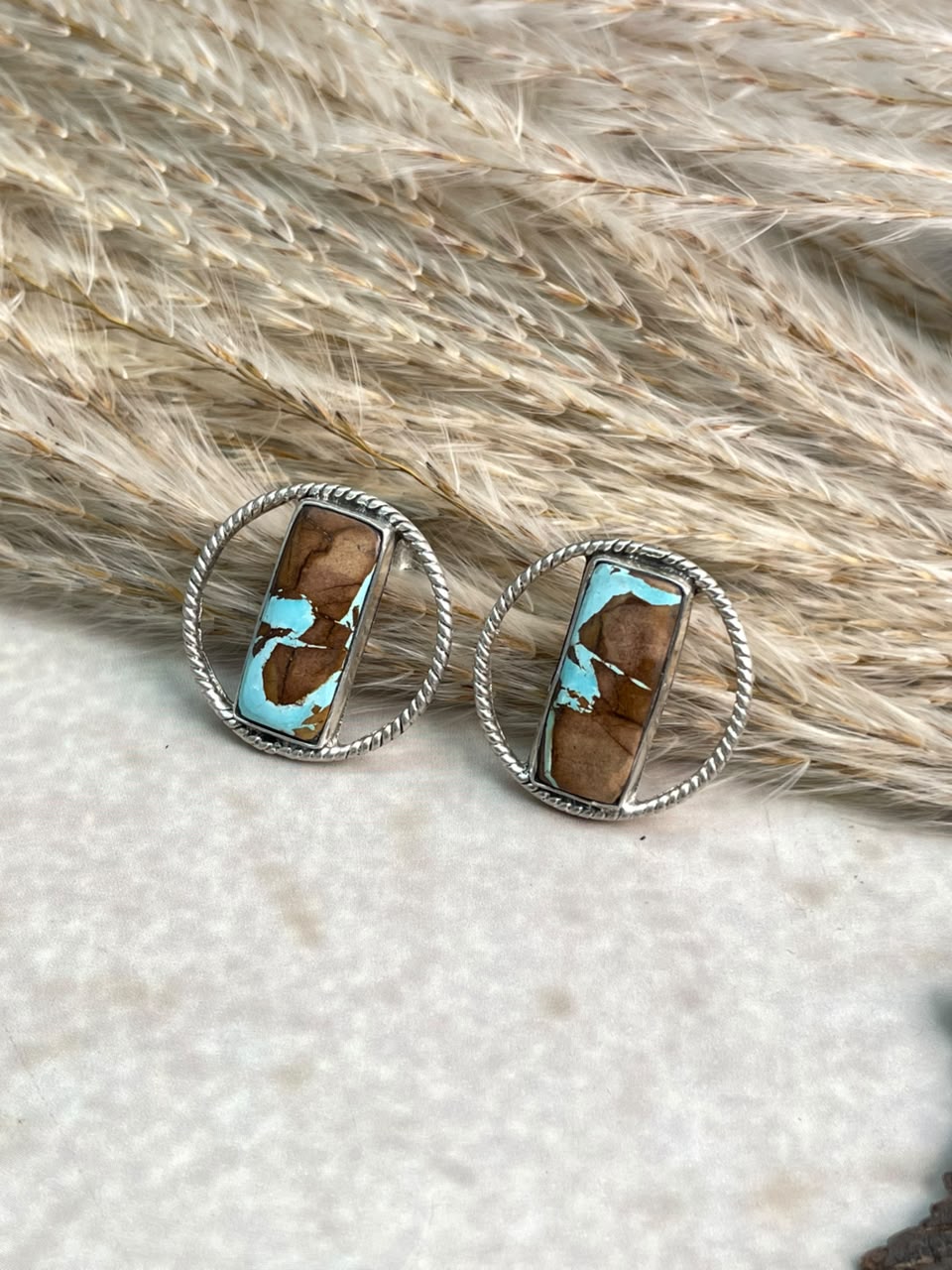 Handmade Sterling Silver Royston Ribbon Turquoise Collection: Post Studs Earrings Signed Nizhoni