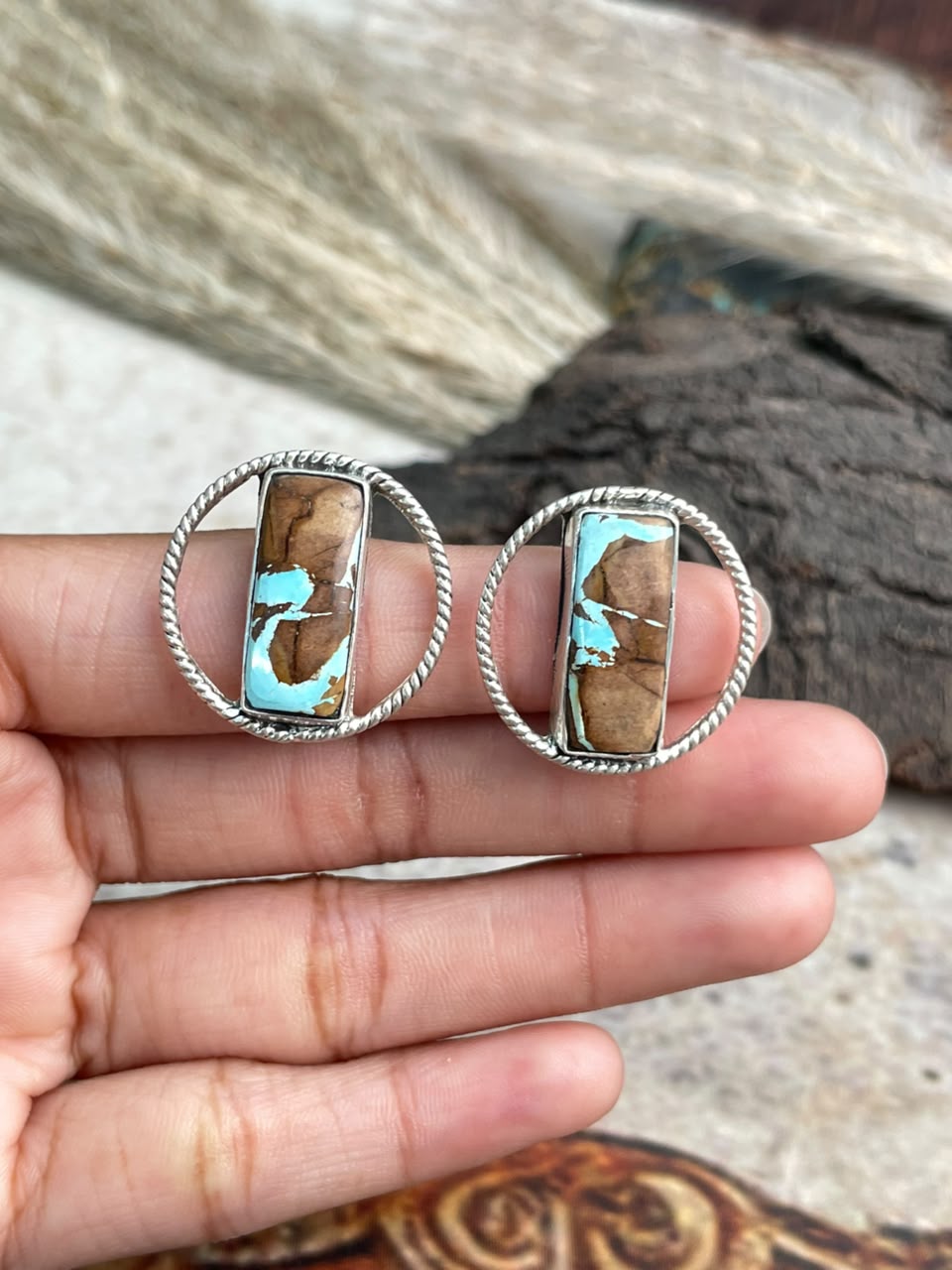 Handmade Sterling Silver Royston Ribbon Turquoise Collection: Post Studs Earrings Signed Nizhoni