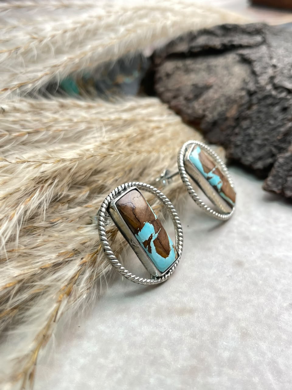 Handmade Sterling Silver Royston Ribbon Turquoise Collection: Post Studs Earrings Signed Nizhoni