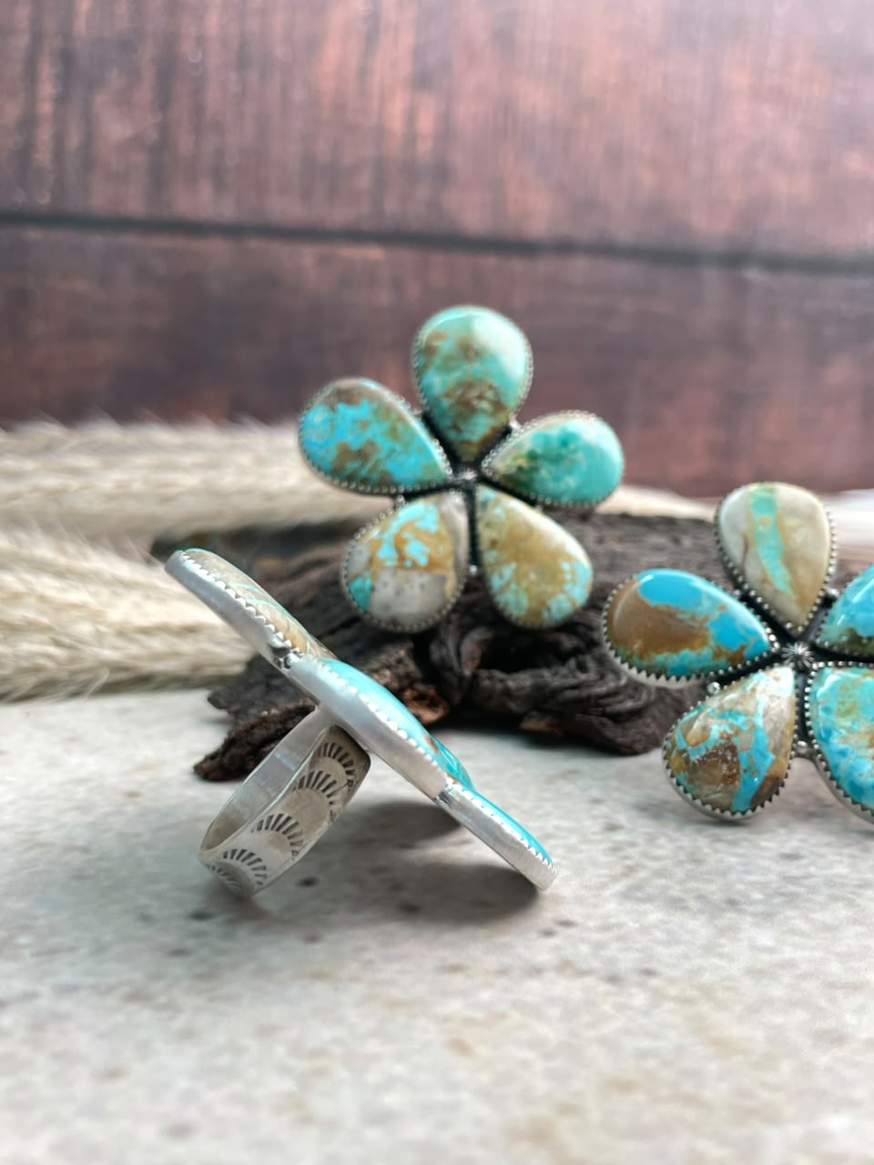Handmade Sterling Silver Royston Ribbon Turquoise Collection: Adjustable Ring Signed Nizhoni