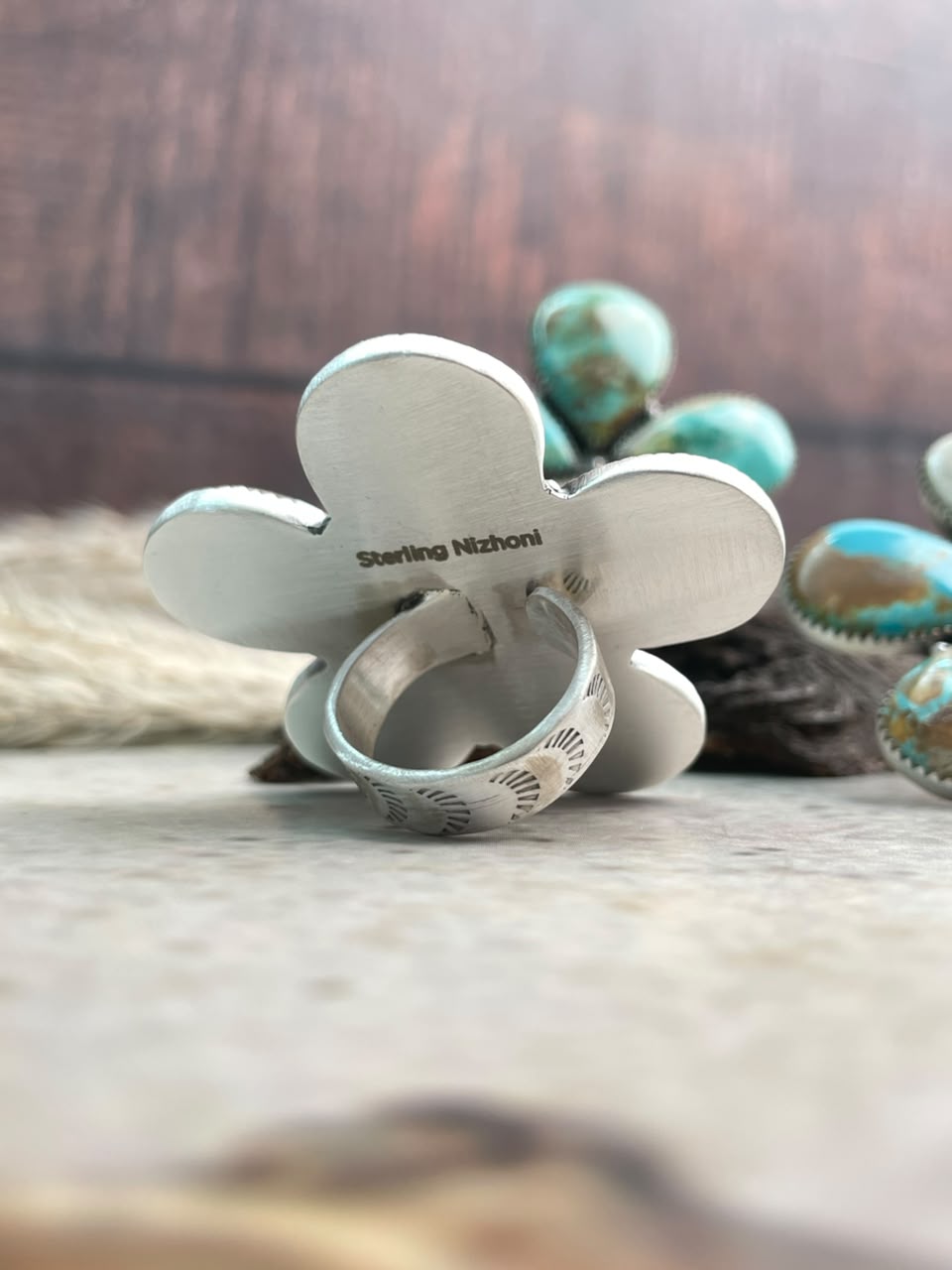 Handmade Sterling Silver Royston Ribbon Turquoise Collection: Adjustable Ring Signed Nizhoni