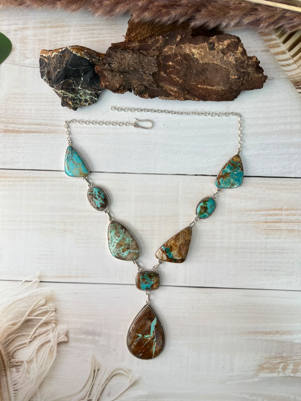 Handmade Sterling Silver Royston Ribbon Turquoise Collection: Drop Necklace Signed Nizhoni
