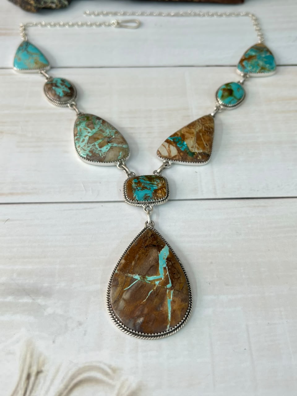 Handmade Sterling Silver Royston Ribbon Turquoise Collection: Drop Necklace Signed Nizhoni