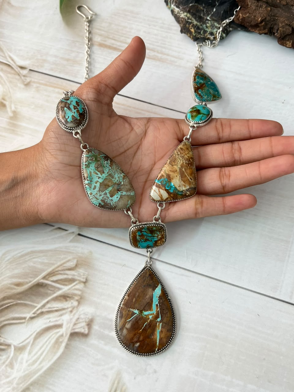 Handmade Sterling Silver Royston Ribbon Turquoise Collection: Drop Necklace Signed Nizhoni