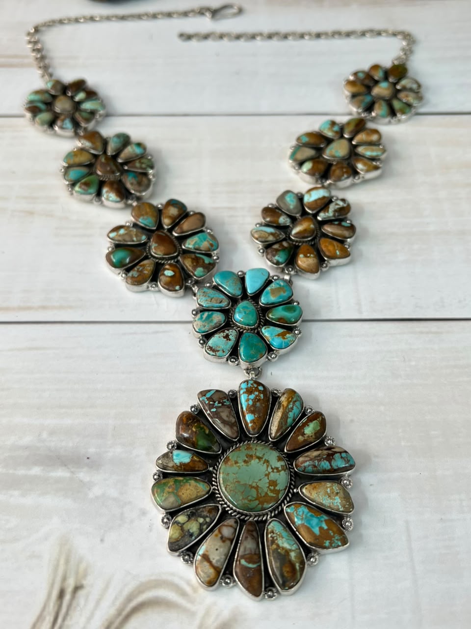 Handmade Sterling Silver Royston Ribbon Turquoise Collection: Cluster Lariat Necklace Signed Nizhoni
