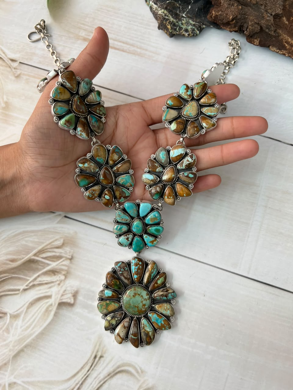 Handmade Sterling Silver Royston Ribbon Turquoise Collection: Cluster Lariat Necklace Signed Nizhoni