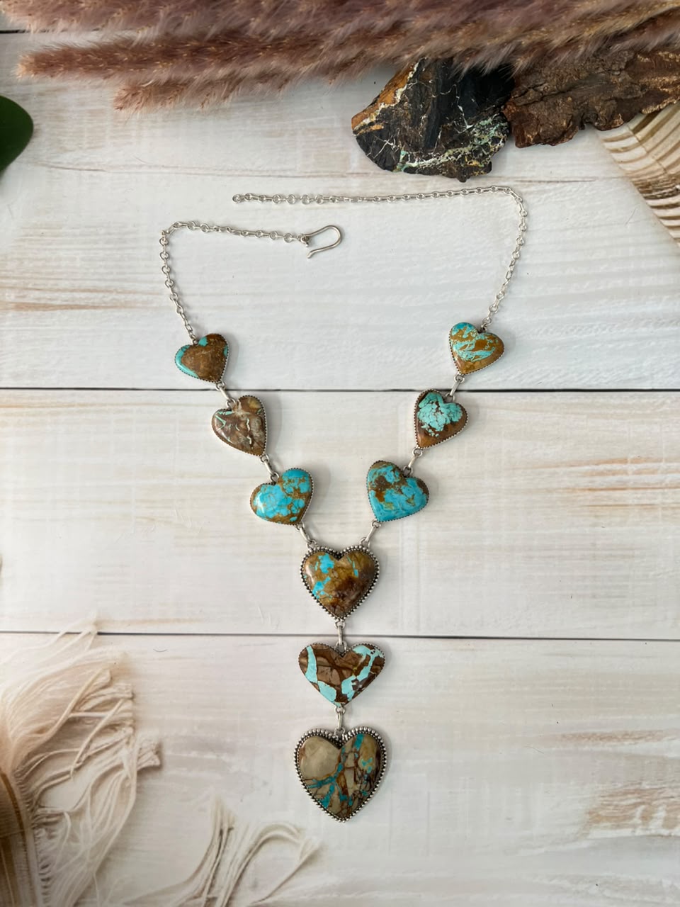 Handmade Sterling Silver Royston Ribbon Turquoise Collection: Heart Drop Necklace Signed Nizhoni