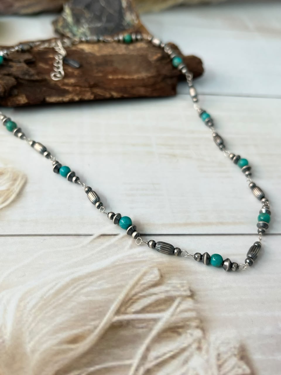 Handmade Sterling Silver Kingman Turquoise Beaded Necklace Signed Nizhoni