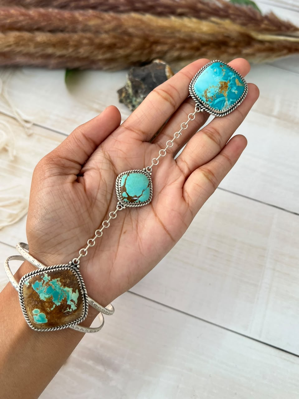 Handmade Sterling Silver Royston Ribbon Turquoise Collection: Hand Harness Signed Nizhoni