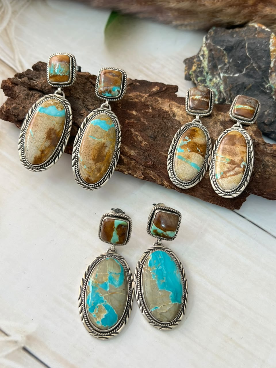 Handmade Sterling Silver Royston Ribbon Turquoise Collection: Post Dangle Earrings Signed Nizhoni