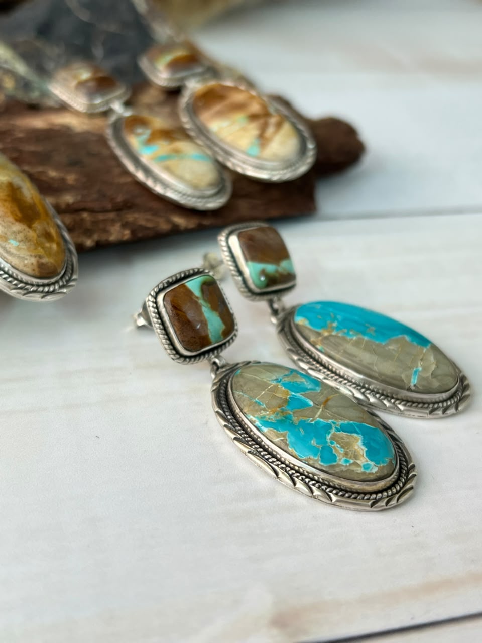 Handmade Sterling Silver Royston Ribbon Turquoise Collection: Post Dangle Earrings Signed Nizhoni