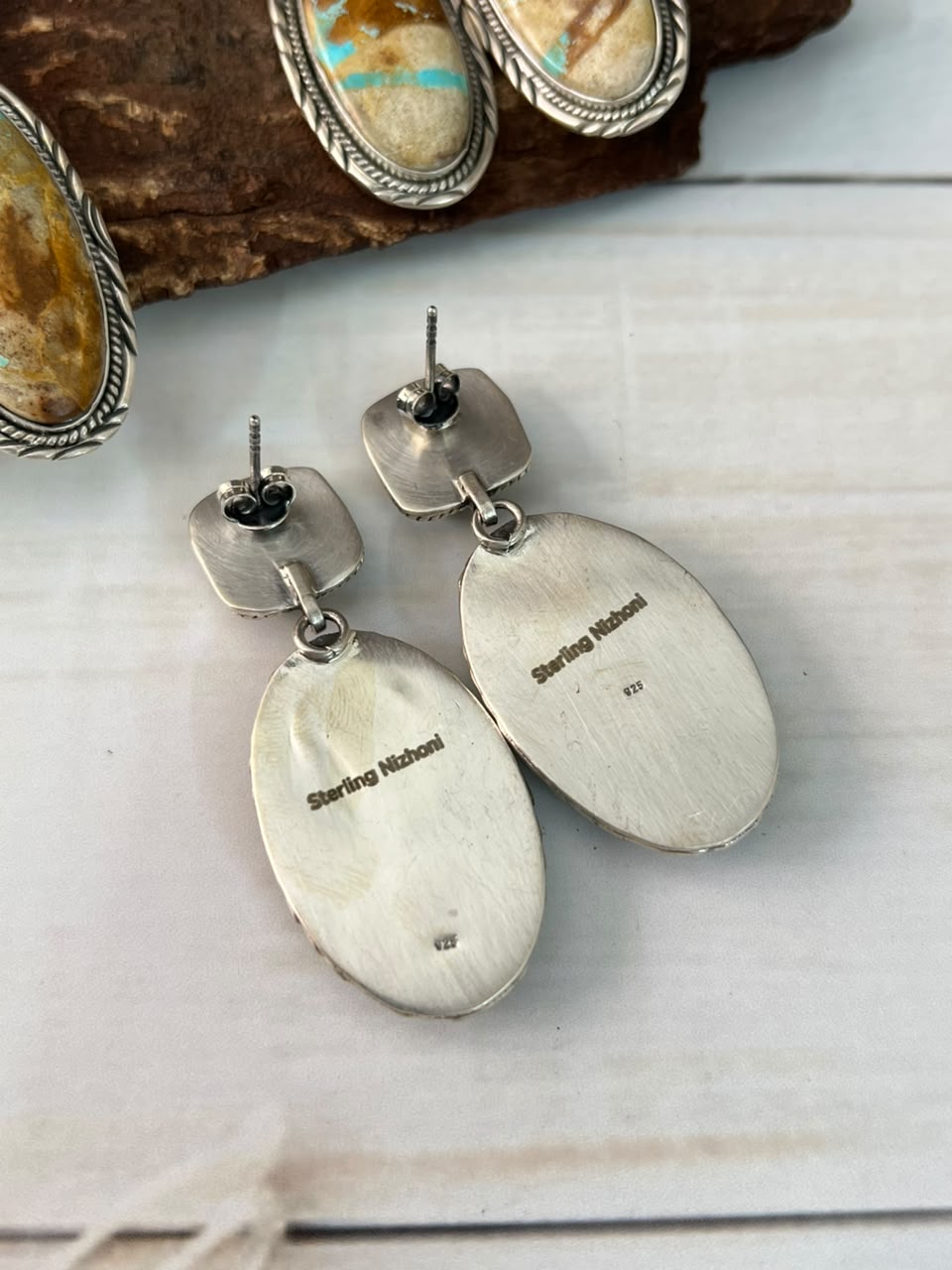 Handmade Sterling Silver Royston Ribbon Turquoise Collection: Post Dangle Earrings Signed Nizhoni