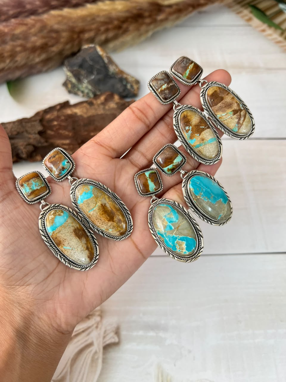 Handmade Sterling Silver Royston Ribbon Turquoise Collection: Post Dangle Earrings Signed Nizhoni