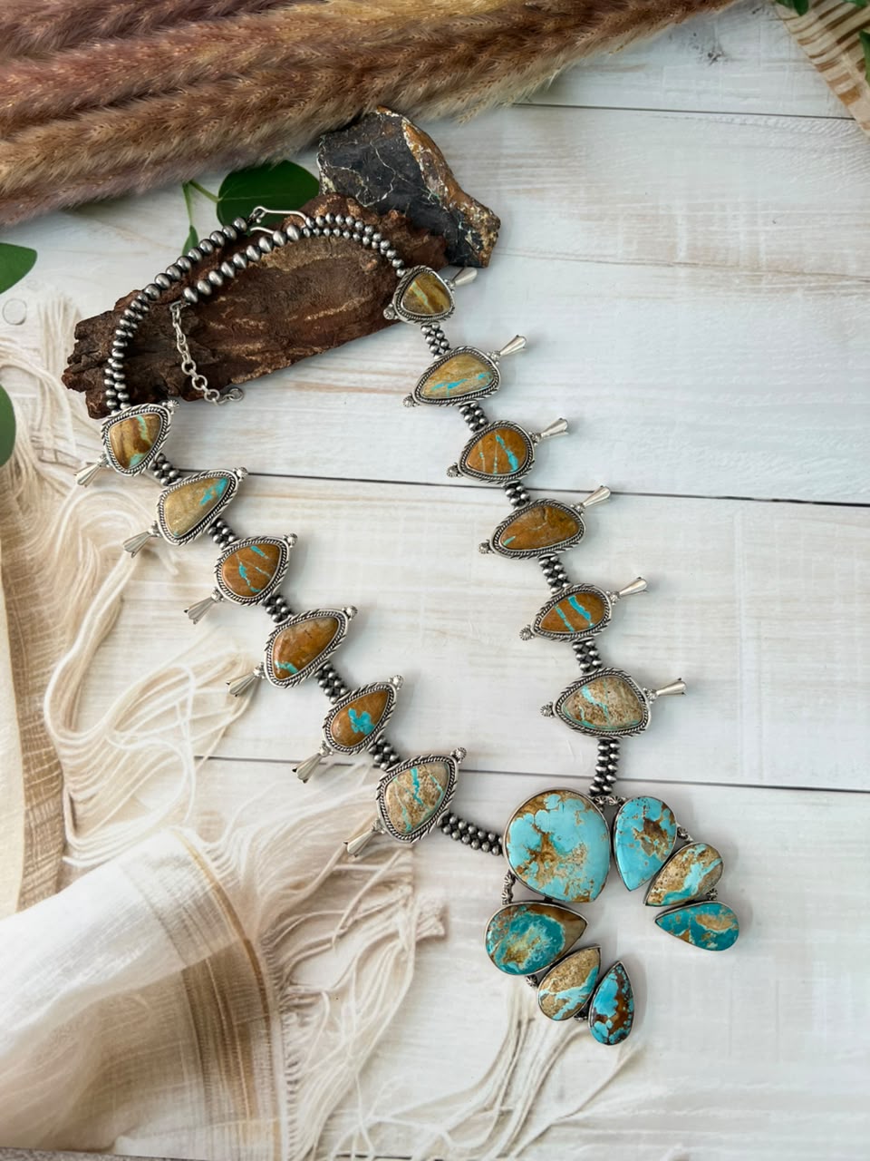 Handmade Sterling Silver Royston Ribbon Turquoise Collection: Naja Squash Blossom Beaded Necklace Signed Nizhoni