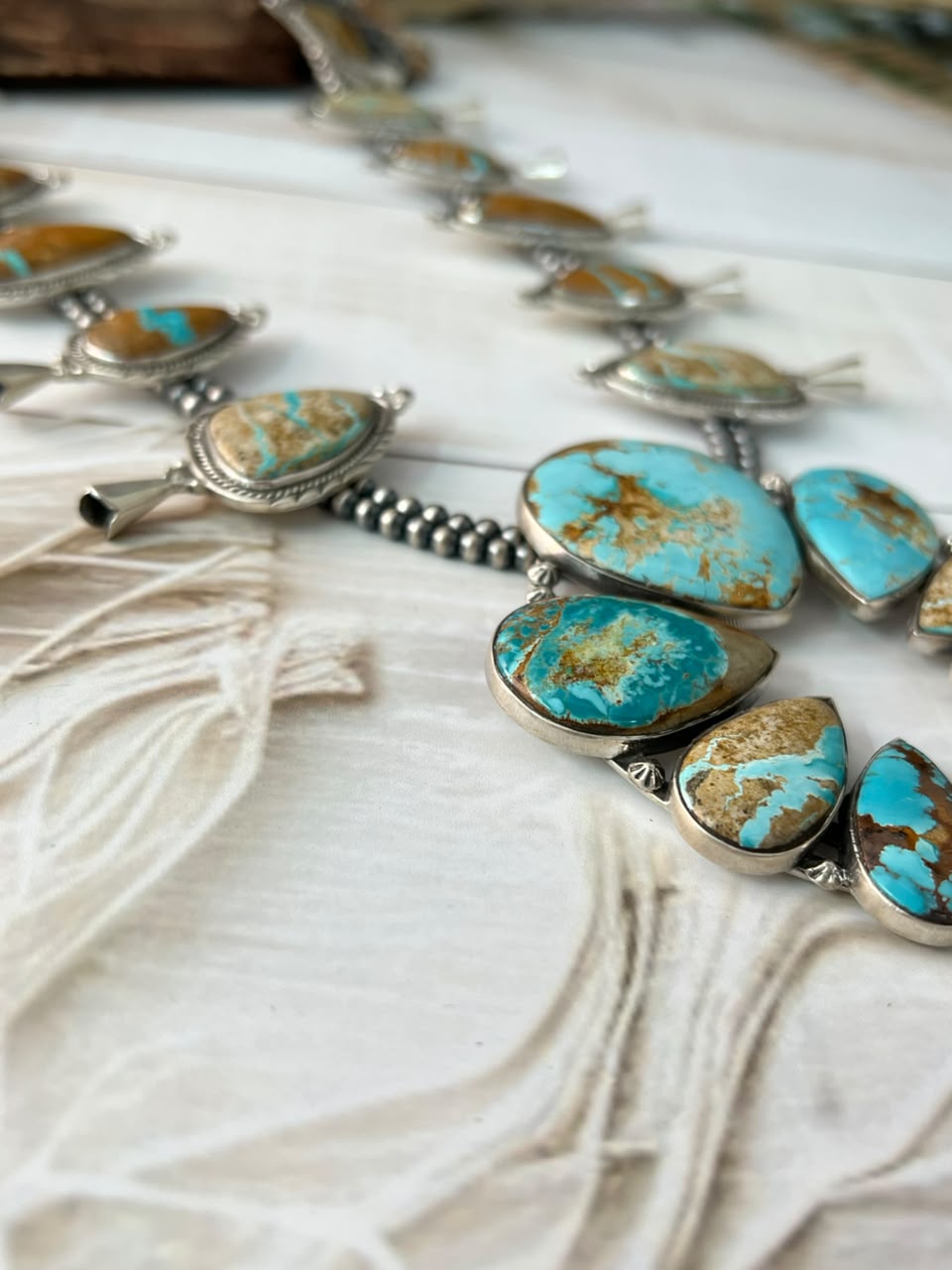 Handmade Sterling Silver Royston Ribbon Turquoise Collection: Naja Squash Blossom Beaded Necklace Signed Nizhoni