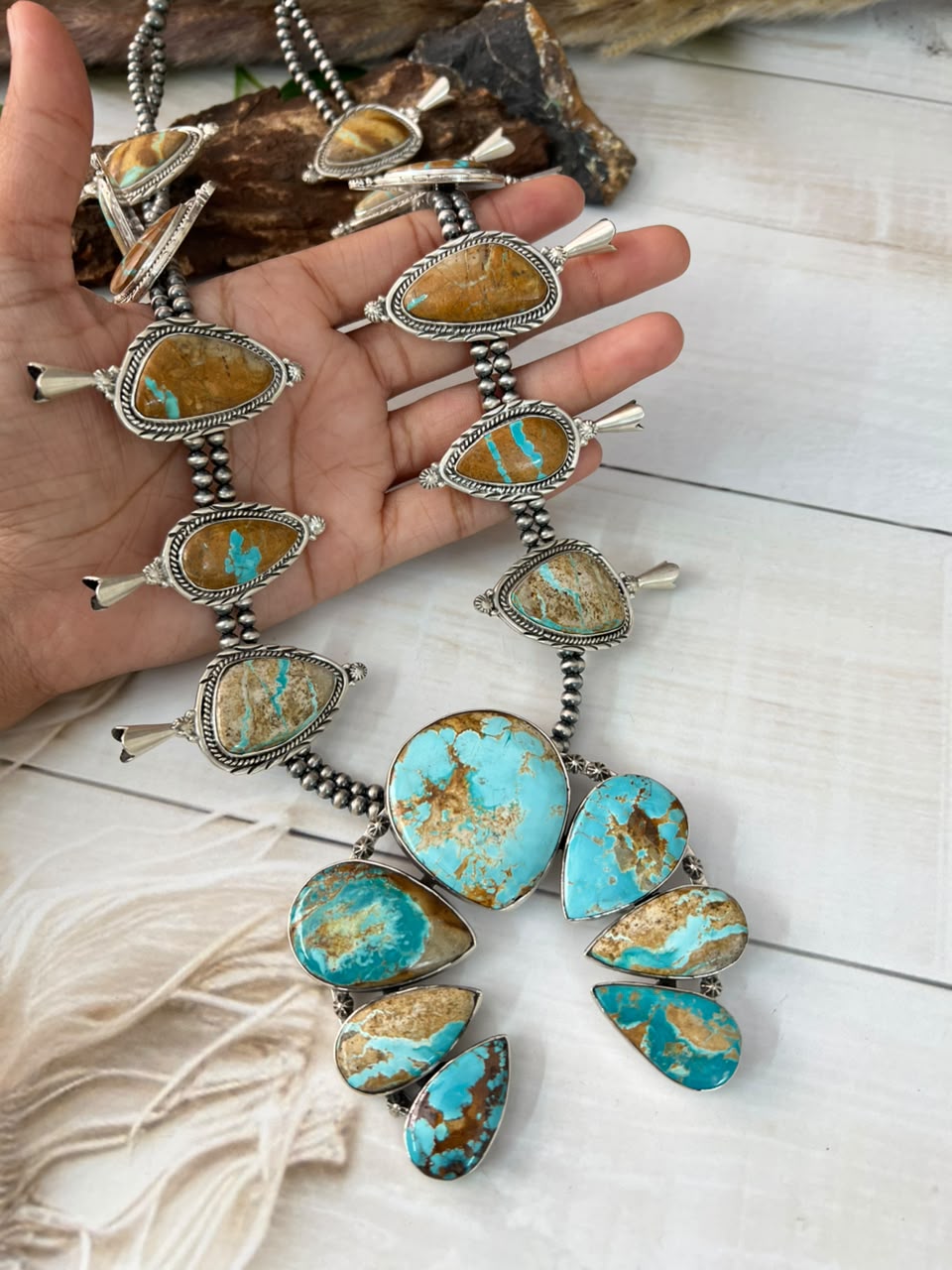 Handmade Sterling Silver Royston Ribbon Turquoise Collection: Naja Squash Blossom Beaded Necklace Signed Nizhoni