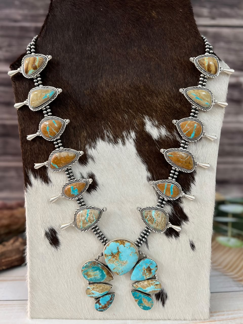 Handmade Sterling Silver Royston Ribbon Turquoise Collection: Naja Squash Blossom Beaded Necklace Signed Nizhoni