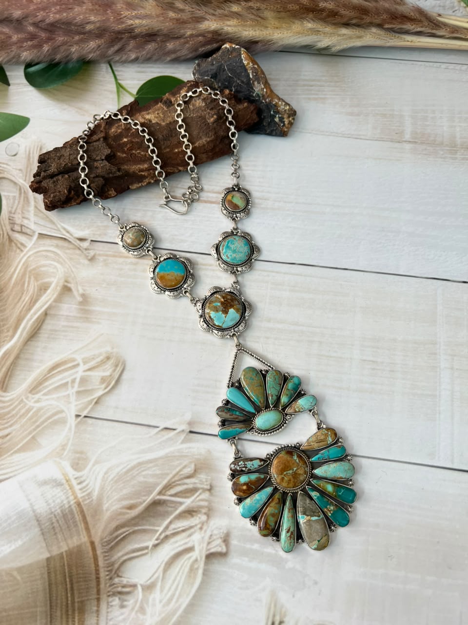 Handmade Sterling Silver Royston Ribbon Turquoise Collection: Drop Necklace Signed Nizhoni
