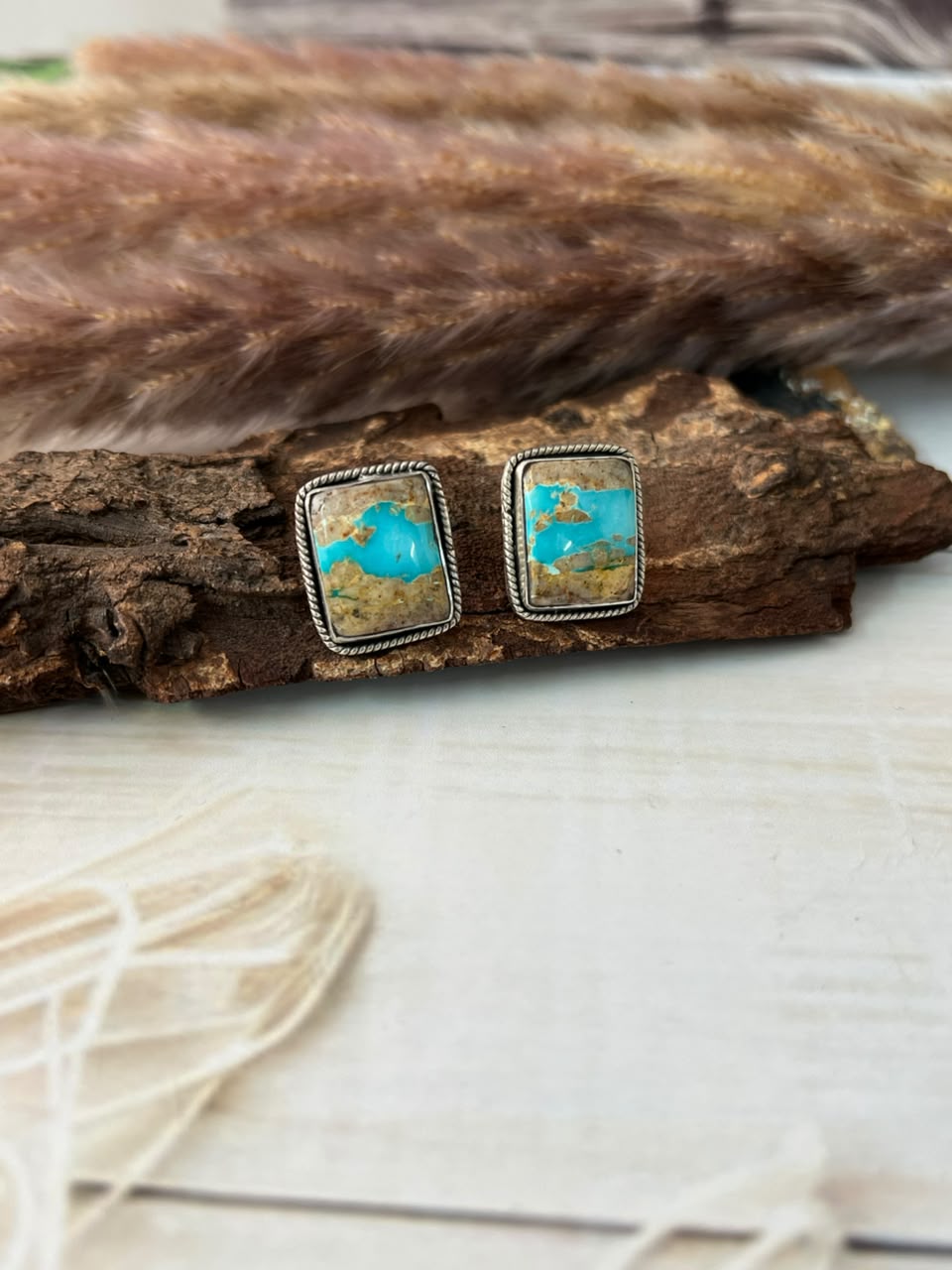 Handmade Sterling Silver Royston Ribbon Turquoise Collection: Post Studs Earrings Signed Nizhoni