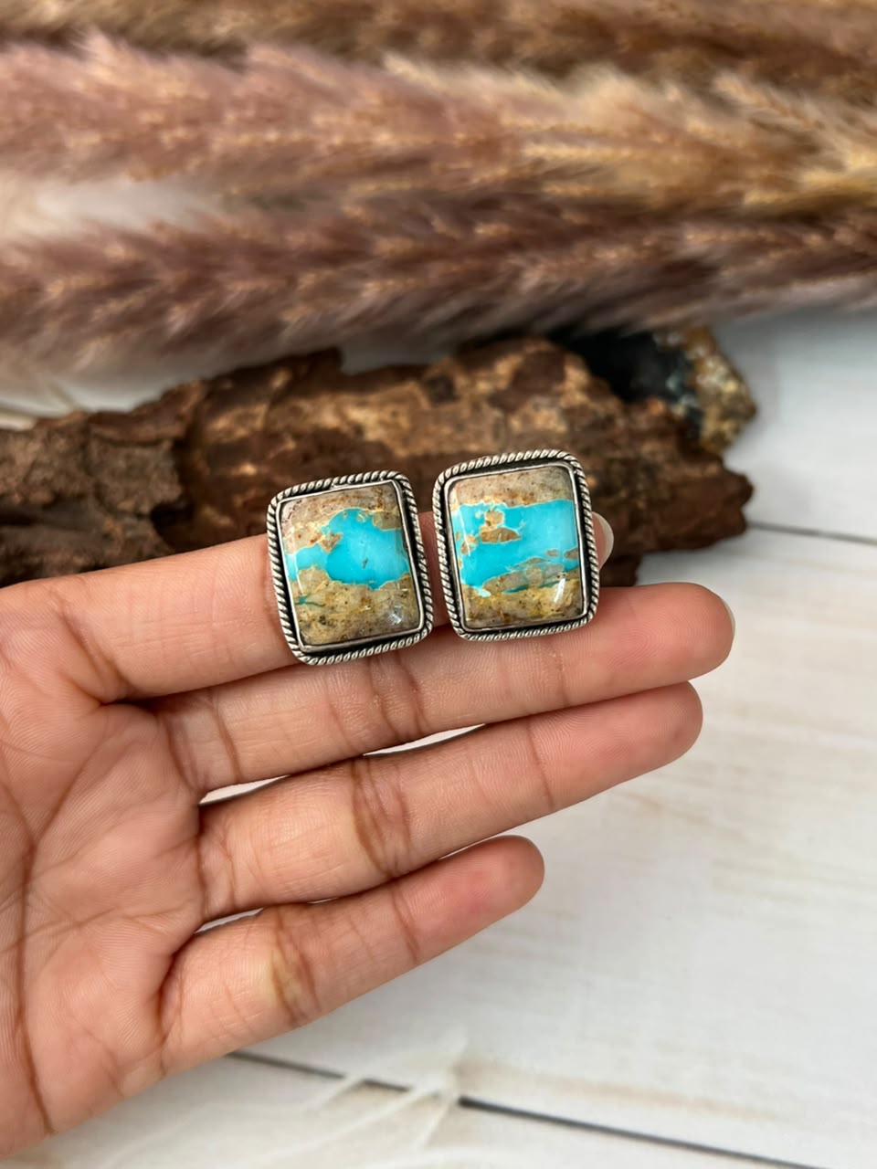 Handmade Sterling Silver Royston Ribbon Turquoise Collection: Post Studs Earrings Signed Nizhoni