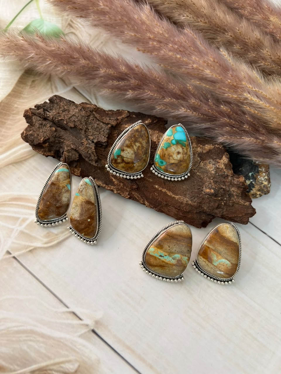 Handmade Sterling Silver Royston Ribbon Turquoise Collection: Post Studs Earrings Signed Nizhoni
