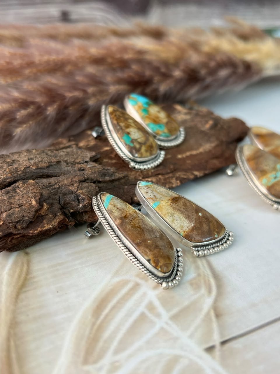 Handmade Sterling Silver Royston Ribbon Turquoise Collection: Post Studs Earrings Signed Nizhoni