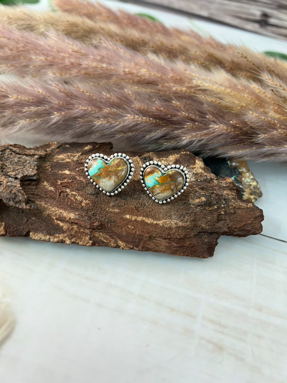 Handmade Sterling Silver Royston Ribbon Turquoise Collection: Heart Post Studs Earrings Signed Nizhoni