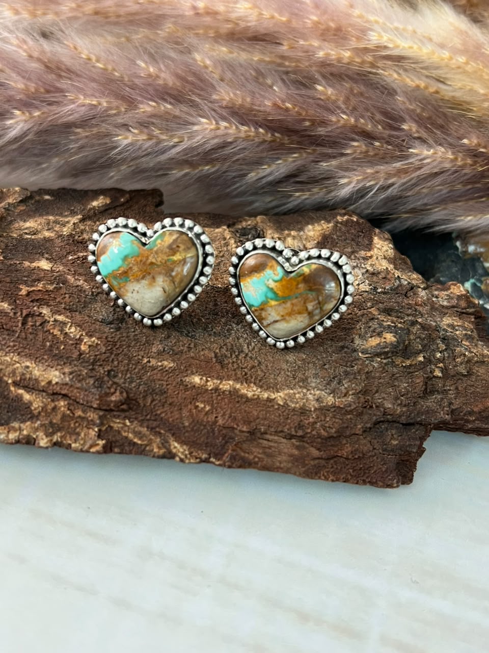 Handmade Sterling Silver Royston Ribbon Turquoise Collection: Heart Post Studs Earrings Signed Nizhoni