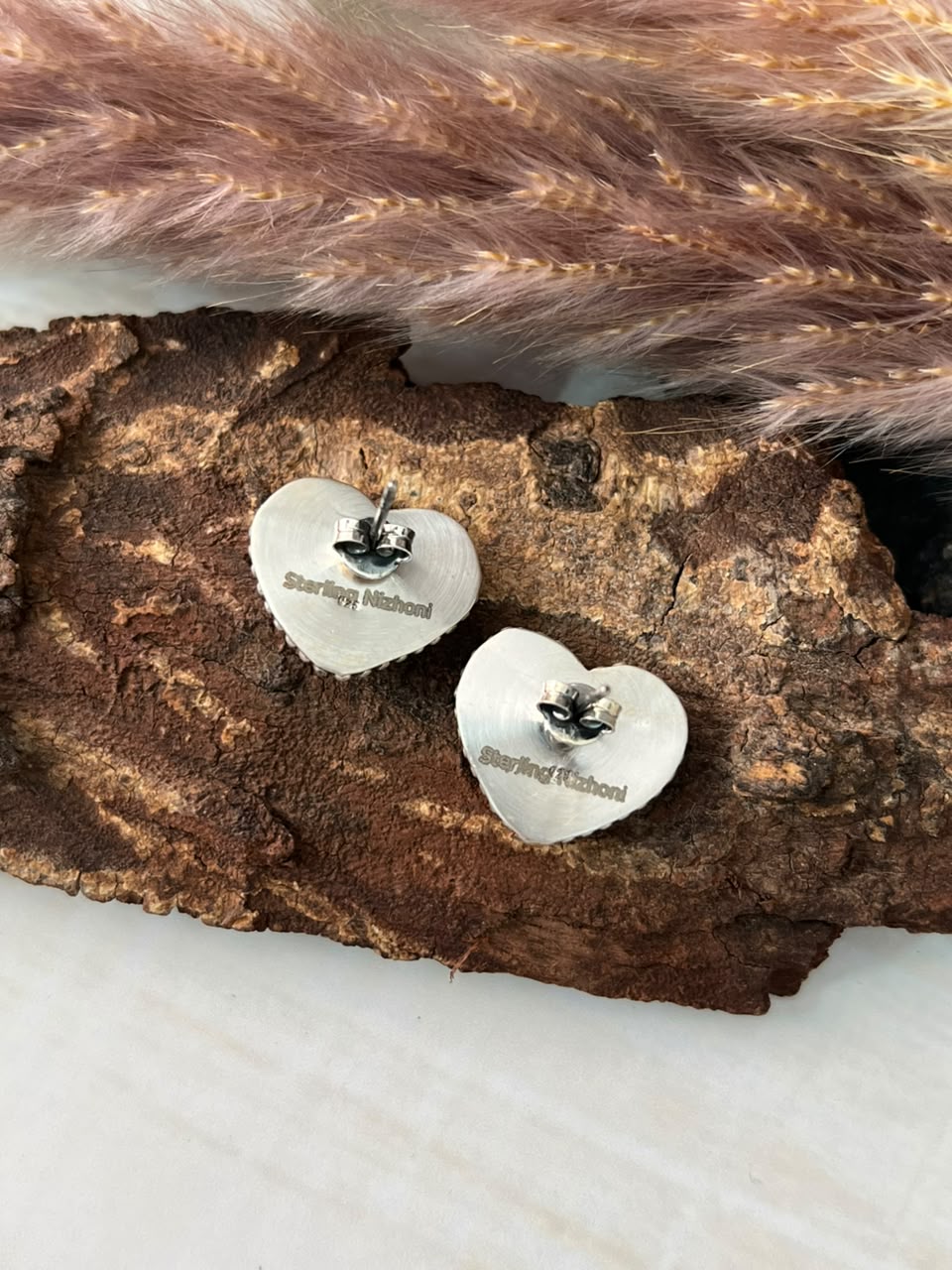 Handmade Sterling Silver Royston Ribbon Turquoise Collection: Heart Post Studs Earrings Signed Nizhoni