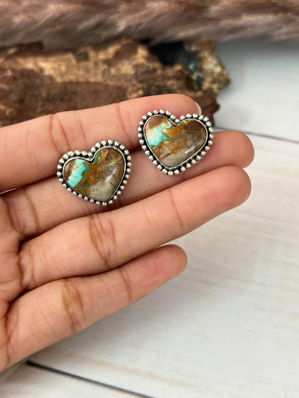 Handmade Sterling Silver Royston Ribbon Turquoise Collection: Heart Post Studs Earrings Signed Nizhoni