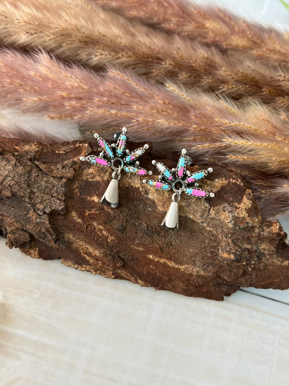 Handmade Sterling Silver Cotton Candy Post Dangle Squash Blossom Earrings Signed Nizhoni