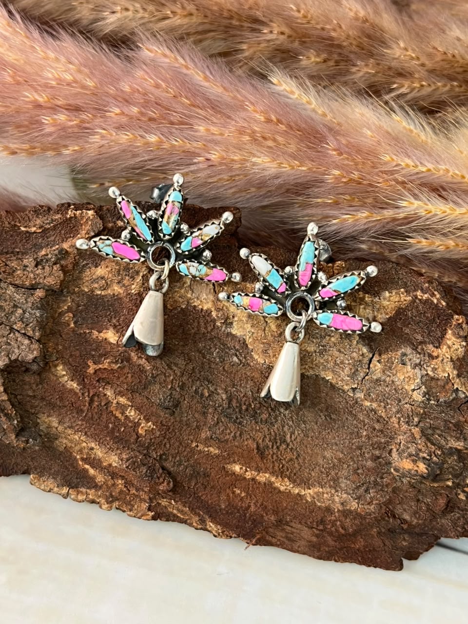 Handmade Sterling Silver Cotton Candy Post Dangle Squash Blossom Earrings Signed Nizhoni