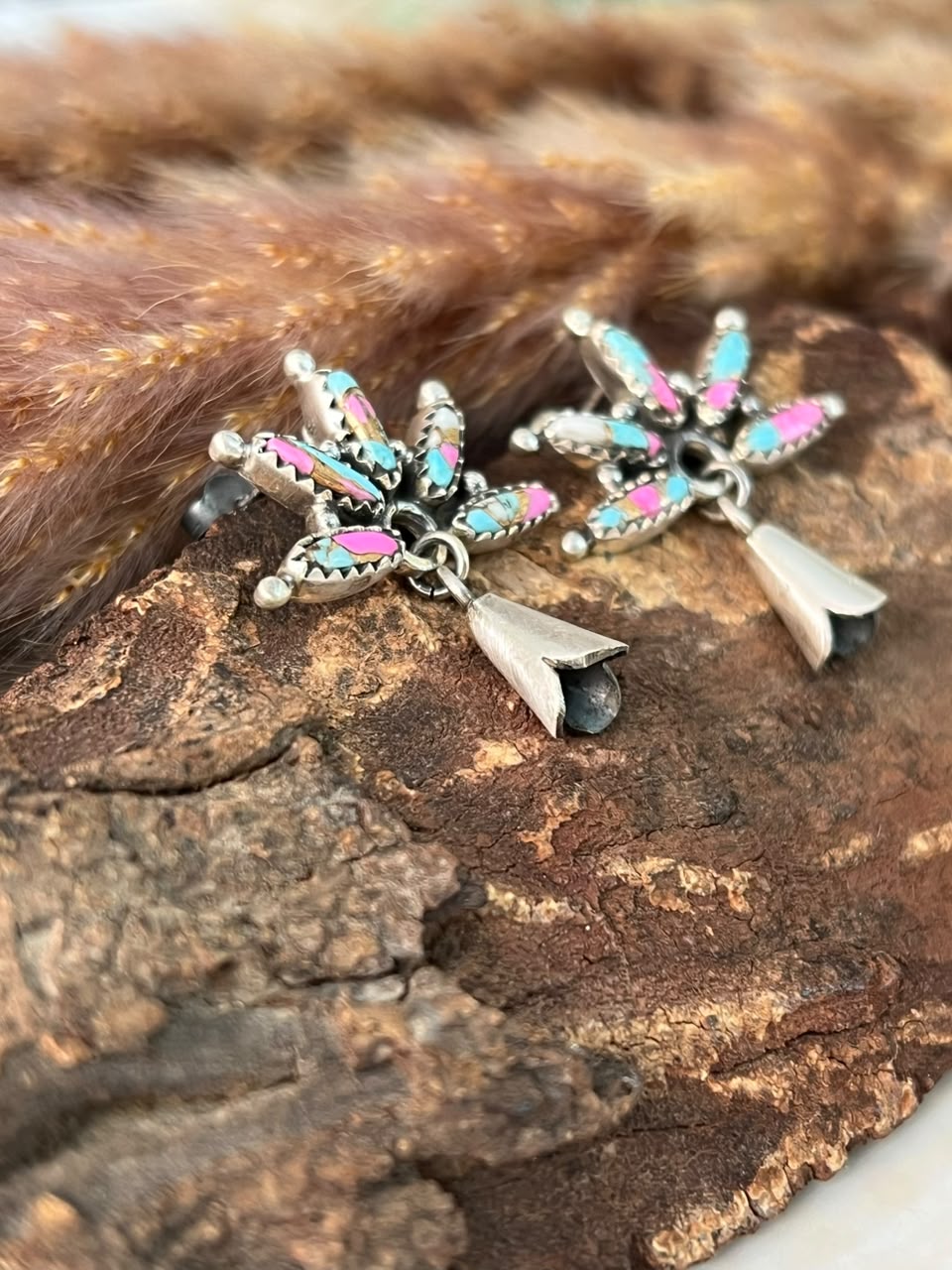 Handmade Sterling Silver Cotton Candy Post Dangle Squash Blossom Earrings Signed Nizhoni