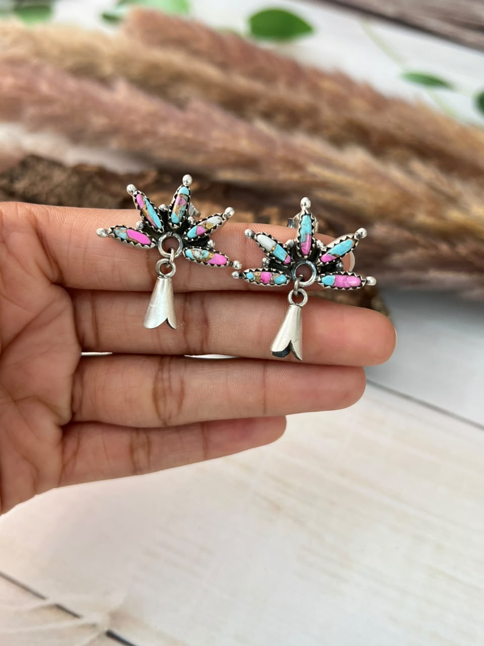 Handmade Sterling Silver Cotton Candy Post Dangle Squash Blossom Earrings Signed Nizhoni