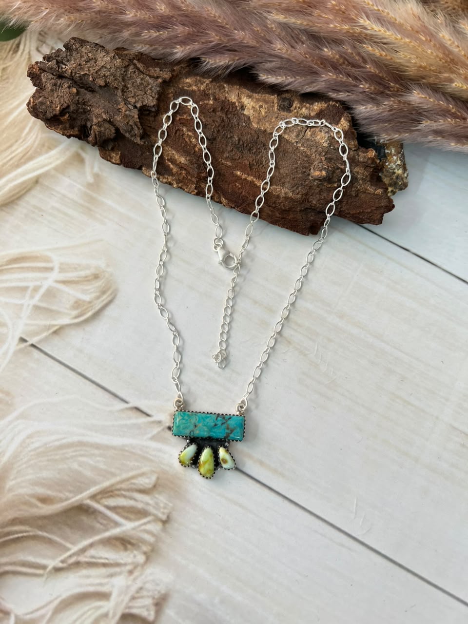 Handmade Sterling Silver Palomino with Kingman Turquoise Necklace Signed Nizhoni